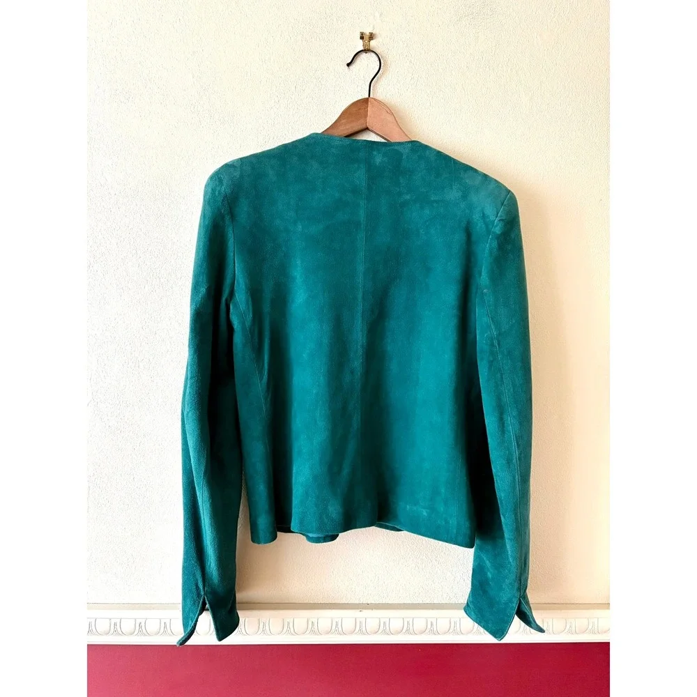 Vintage Talbots Teal Green Lamb Suede Leather Open Front Blazer Jacket 10 Pocket